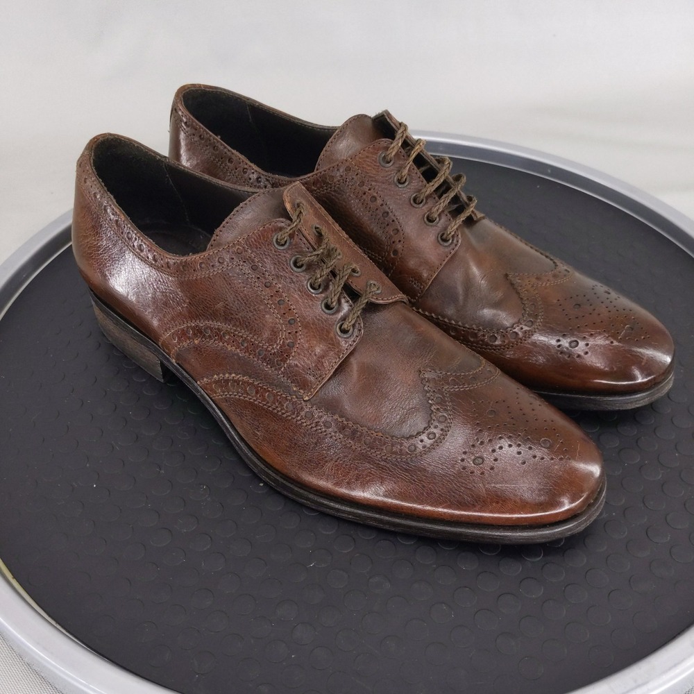 Johnston & Murphy Wingtip Oxford Mens 9.5 Brown Leather Handcrafted Italy